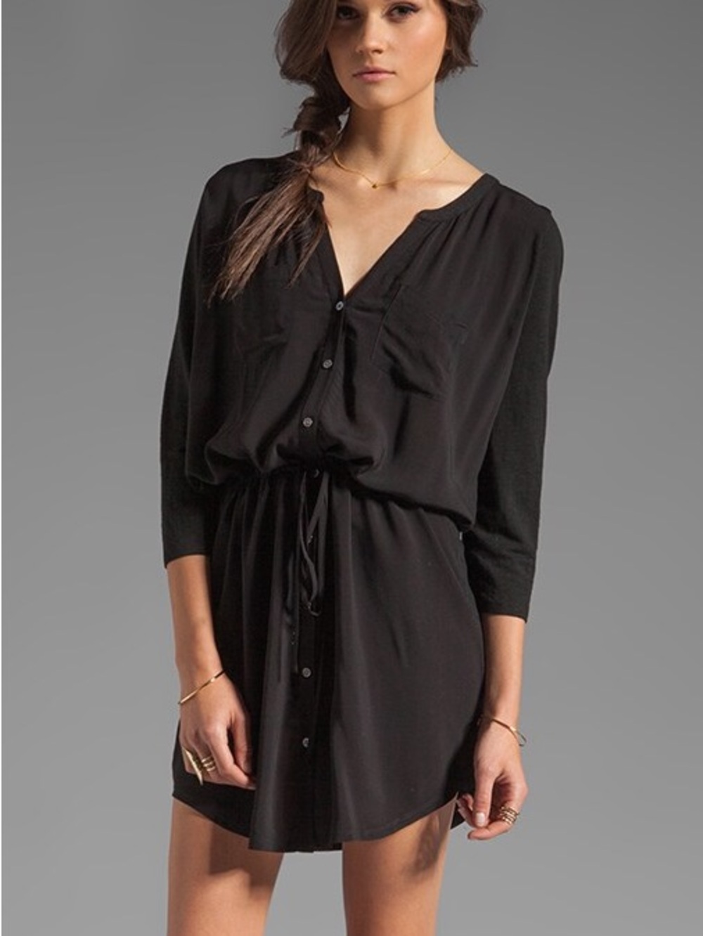 Joie Black Button-Front Drawstring Linen Shirt Dress